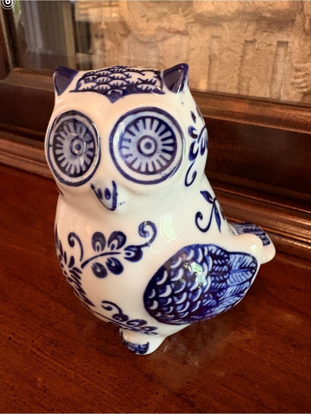Porcelain Blue and White Owl Figurine - Decorative Home Art